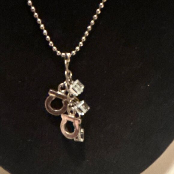 Ferragamo Silver Tone Double Gancini Charm Necklace 16" Ball Chain Luxury Logo - Picture 4 of 9